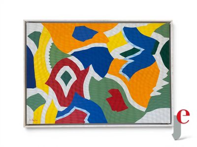 peinture abstraite représentant des formes colorées sur fond blanc, dans des tons de rouge, jaune, bleu, vert et orange