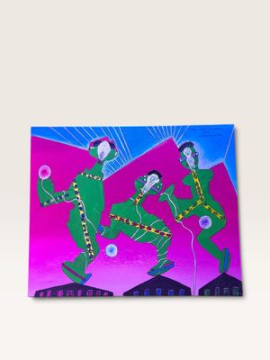 un tableau représentant trois hommes vêtus de vert et de rose en train de danser