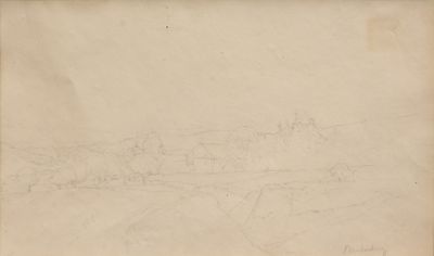 un vieux dessin représentant un château sur une colline, avec une rivière au premier plan