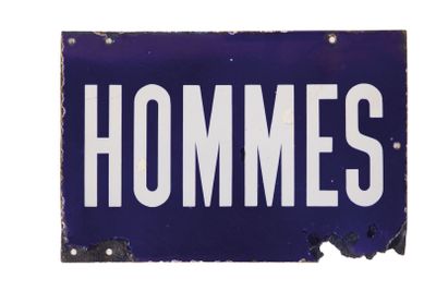 an image of a blue and white sign with the word hommes