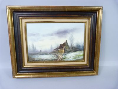 painting of a house on a snowy day with a dog in the foreground