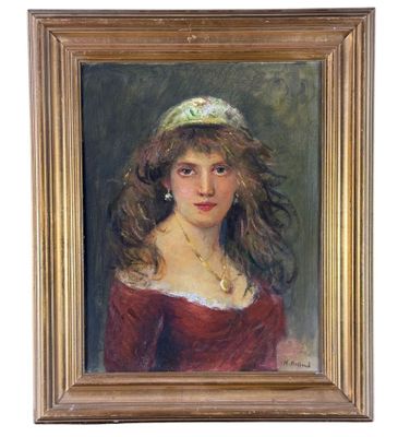 painting of a woman in a red dress with a green hat