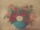 une peinture de fleurs dans un vase bleu sur une table