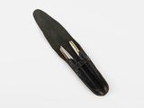 un stylo noir surmonté de deux plumes à pointe dorée
