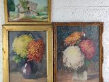 three paintings of flowers in vases on a table in front of a white wall