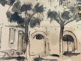 a drawing of a building with a clock on it