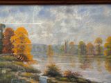 une peinture à l'huile représentant une scène de rivière avec des arbres au premier plan