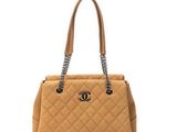 chanel camel quilted leather tote bag