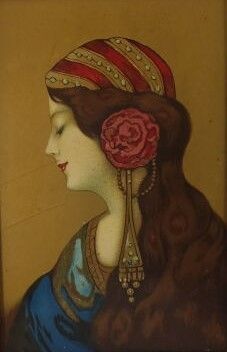 tableau représentant une femme en robe bleue, avec une rose rouge dans les cheveux