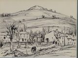 drawing of a village with a mountain in the background