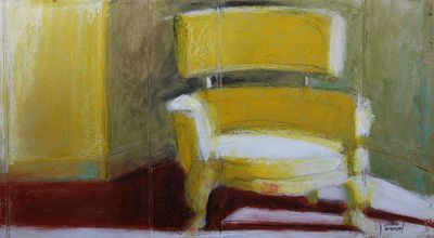 painting of a yellow chair in a corner of a room