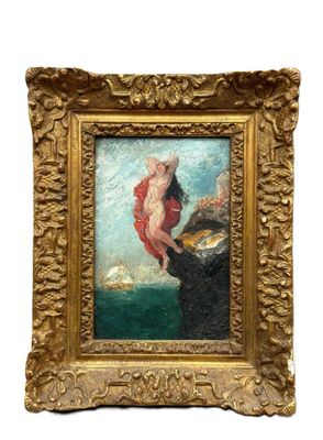 une image représentant un tableau où l'on voit une femme assise sur une falaise