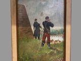 une peinture à l'huile représentant deux hommes debout dans un champ avec un chien