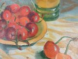 a painting of cherries and a glass of water on a table