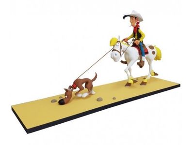 toy figurine of a man on a horse with a dog on a leash