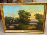 an oil painting of a landscape with a church in the distance