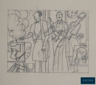dessin représentant un groupe de personnes debout dans une cuisine équipée d'une cuisinière