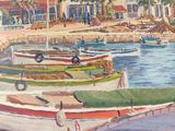 a painting of boats docked at a harbor with palm trees in the background
