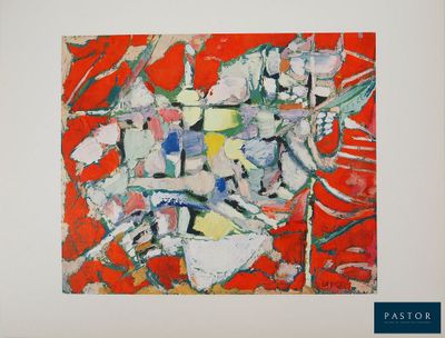 abstract painting of a red background with white and blue lines