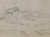 un vieux dessin représentant une maison au milieu d'un champ