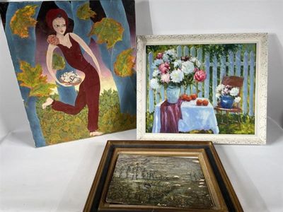 two paintings of a woman in a red dress and a painting of a woman in a red dress
