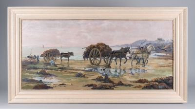 an oil painting of a group of horses pulling a wagon down a dirt road