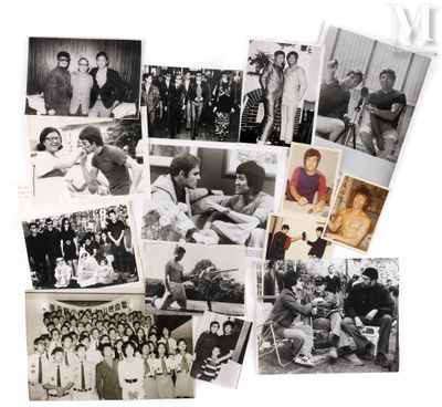 several black and white photographs of a group of people in a living room