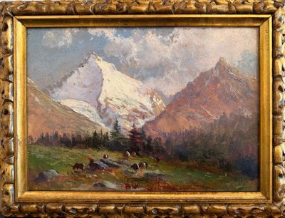 une image représentant un tableau représentant un paysage de montagne avec du bétail