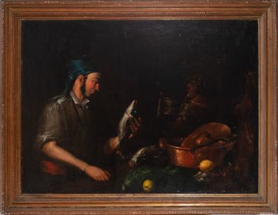 an image of a painting of a man holding a fish in front of a table full of food