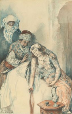 painting of three women sitting on a bed in a room