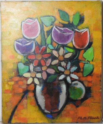 une peinture de fleurs dans un vase sur une table