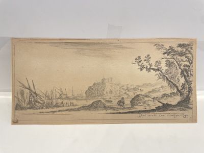 a drawing of a landscape with a castle in the distance