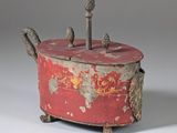 an image of a red and gold box with three birds on it