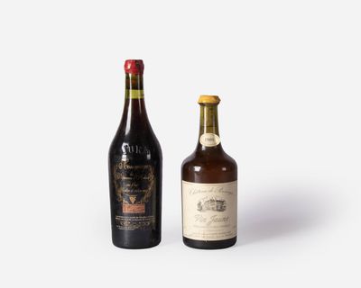 two bottles of wine sitting next to each other on a white surface