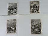 four black and white pictures of men riding horses in a field