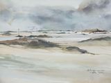 a watercolor painting of a beach scene with a lighthouse in the distance