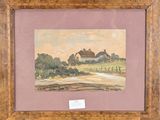 an image of a painting of a farm with a house in the background
