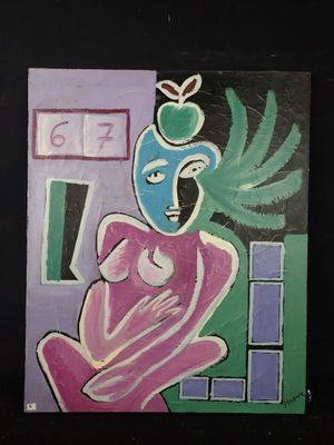 un tableau représentant une femme avec une pomme verte sur la tête