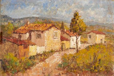 une peinture à l'huile représentant un village avec un chemin de terre au premier plan