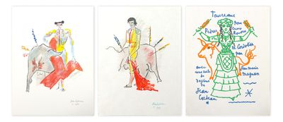 quatre dessins de couleurs différentes représentant une femme à cheval et un homme à cheval