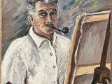 painting of a man with a pipe in his mouth sitting in front of an easel