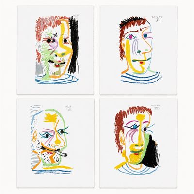 quatre dessins de couleurs différentes représentant le visage d'un homme sur fond blanc