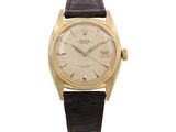 an image of a gold wrist watch with a brown leather strap