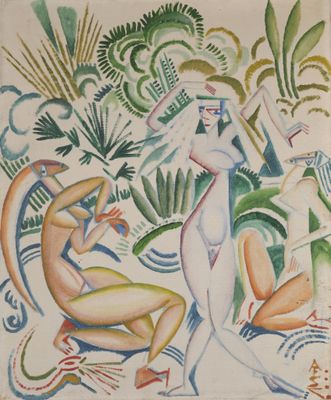 un tableau représentant une femme et un homme dans la jungle