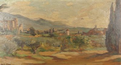 une peinture à l'huile représentant un paysage avec une église et des arbres