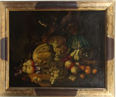 painting of a still life of fruit and vegetables on a table