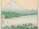 une image représentant un tableau où l'on voit un bateau sur un plan d'eau, avec une montagne en arrière-plan