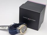 tommy hilfiger men ' s watch with blue strap and gold dial