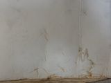 peeling paint on the wall of a bathroom with a toilet in the corner
