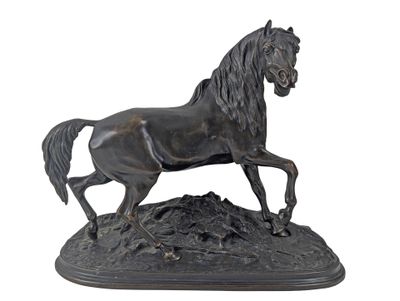 bronze statue of a horse on a rock on a white background